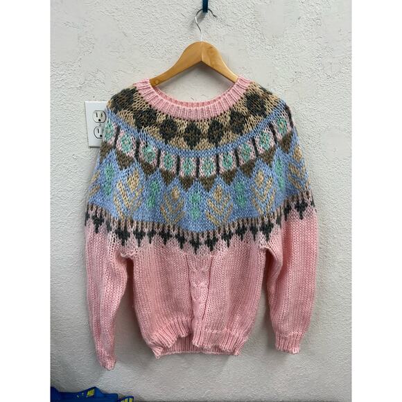 LE Pull-Over Vintage Grandma Sweater Oversize Small Pink Gray - Picture 3 of 6